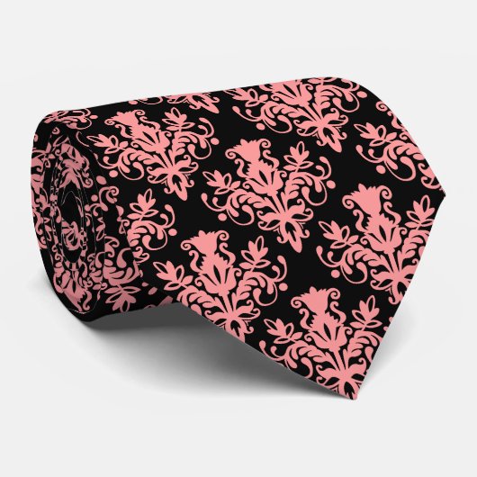 Damask 02 Pattern - Soft Pink op Black Stropdas (Opgerold)