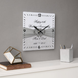 Damask 25th Wedding Jubileum Square Wall Clock Vierkante Klok