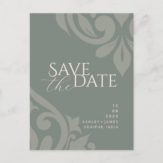 Damask Aardse Olijffoto Huwelijk Save the Date Aankondigingskaart (Voorkant)