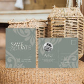 Damask Aardse Olijffoto Huwelijk Save the Date Aankondigingskaart