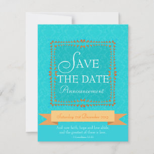 Damask Aqua Blue Romance Save the Date Invitation Kaart