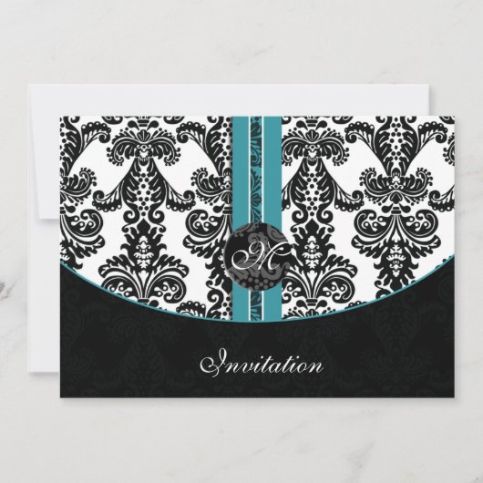 damask aqua bruiloft monogram uitnodiging (Voorkant)