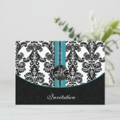 damask aqua bruiloft monogram uitnodiging (Staand voorkant)