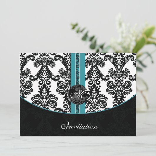 damask aqua bruiloft monogram uitnodiging (Staand voorkant)
