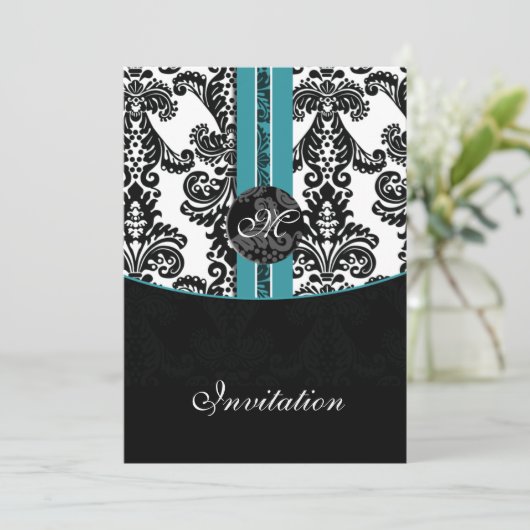 damask aqua faire-part de mariage (Debout devant)