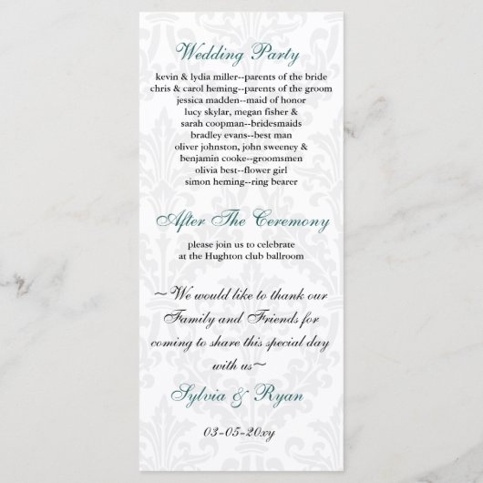 damask aqua programme de mariage (Dos)