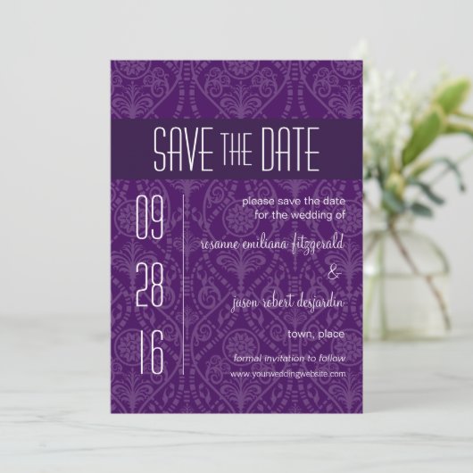Damask Art Déco Enregistrer la date Invitation (Debout devant)