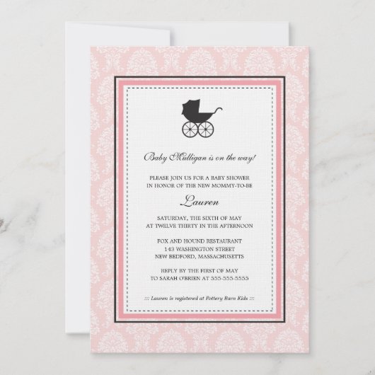  Damask Baby Carriage Baby shower Kaart (Voorkant)
