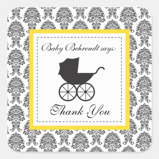  Damask Baby Carriage Baby shower Vierkante Sticker (Voorkant)
