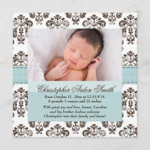 Damask Baby Faire-part Bleu et Brown