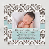 Damask Baby Faire-part Bleu et Brown (Devant / Derrière)