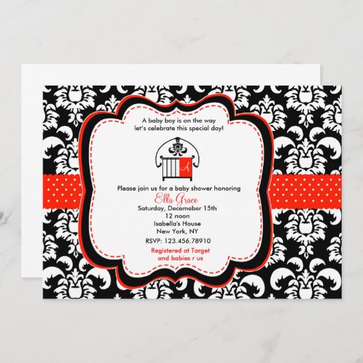 Damask Baby Shower Invitation Monograme Kaart (Voorkant / Achterkant)