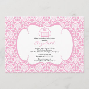 Damask Baby shower Invitation roze Wieg Girl Kaart