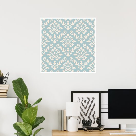 Damask Baroque Pattern Cream on Blue Poster (Thuiskantoor)