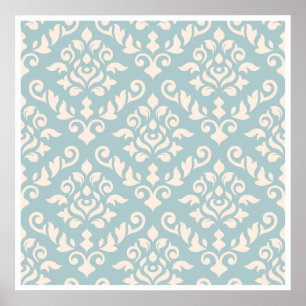 Damask Baroque Pattern Cream on Blue Poster