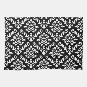 Damask Baroque Pattern White op Black Theedoek