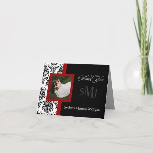 Damask bedankt kaarten, trouwfoto's+monogram (Voorkant)