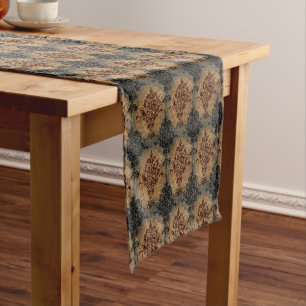 Damask Black en Rust op Grey en Tan Medium Tafelloper