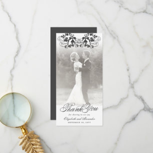 Damask Black Floral Flourish Photo Wedding Bedankkaart
