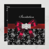 Damask Black Red White Jewel Bow Invitation (Devant / Derrière)