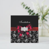 Damask Black Red White Jewel Bow Invitation (Debout devant)