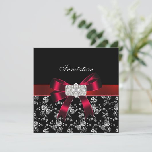 Damask Black Red White Jewel Bow Invitation (Debout devant)