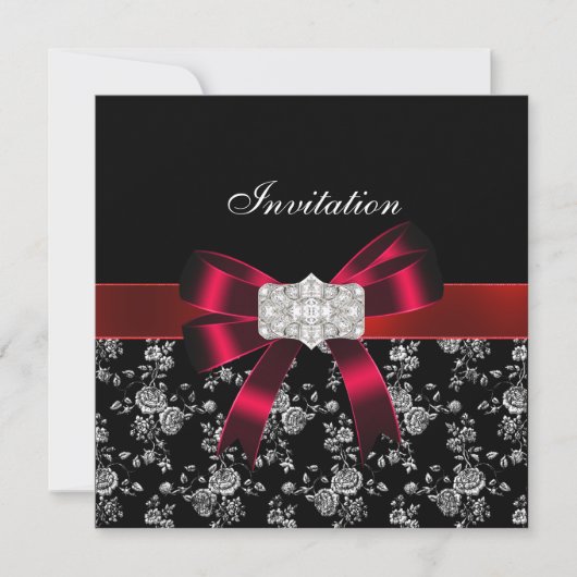 Damask Black Red White Jewel Bow Invitation (Devant)