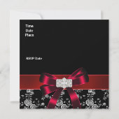 Damask Black Red White Jewel Bow Uitnodiging (Achterkant)