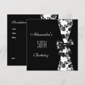 Damask Black White 50th Birthday Invitation Floral Kaart (Voorkant / Achterkant)