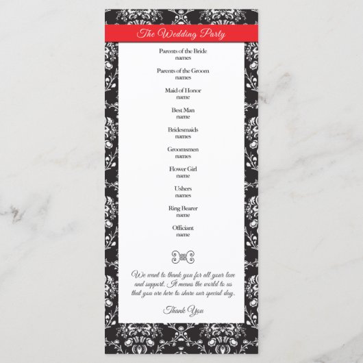 Damask Black White Red Stripe Wedding Program Programma (Achterkant)