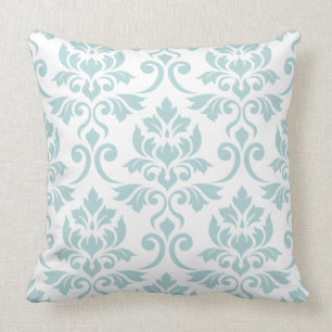 Damask blad groot patroon eendenei blauw op wit kussen