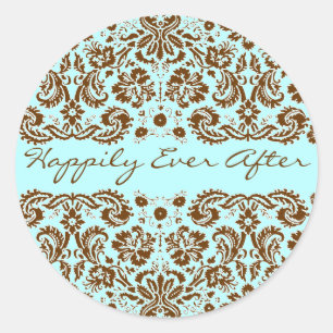 Damask Blauw en Bruin bruiloft Ronde Sticker
