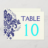 Damask bleu marine, aqua mariage numéro de table (Devant / Derrière)