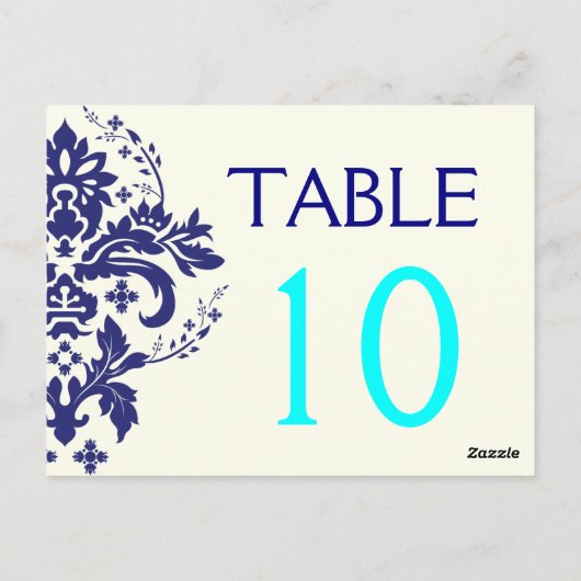Damask bleu marine, aqua mariage numéro de table (Dos)