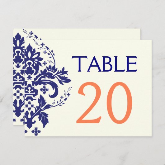 Damask bleu marine, corail mariage numéro de table (Devant / Derrière)