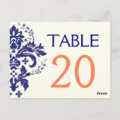 Damask bleu marine, corail mariage numéro de table (Dos)