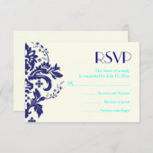 Damask bleu marine, mariage aqua carte de réponse  (Devant / Derrière)