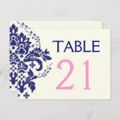 Damask bleu marine, mariage rose numéro de table (Devant / Derrière)