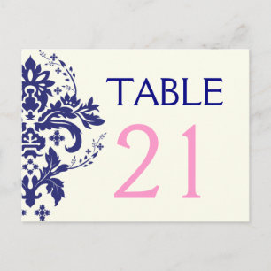 Damask bleu marine, mariage rose numéro de table