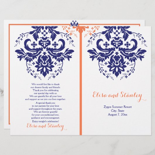 Damask bleu marine, programme de mariage de corail (Devant / Derrière)