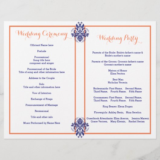 Damask bleu marine, programme de mariage de corail (Dos)