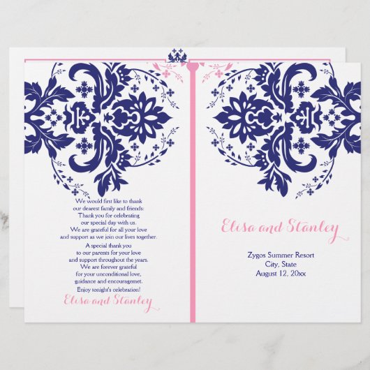 Damask bleu marine, programme de mariage rose (Devant / Derrière)