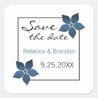 Damask Blooms Save the Date Stickers, Dark Blue Vierkante Sticker