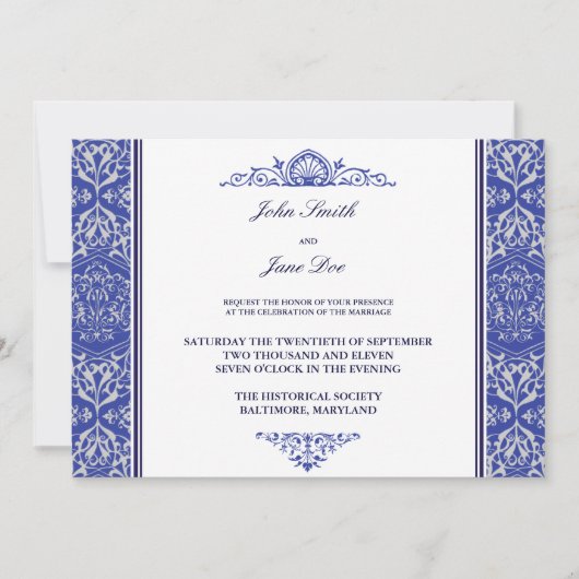 Damask Border Invitation in Royal Blue Kaart (Voorkant)