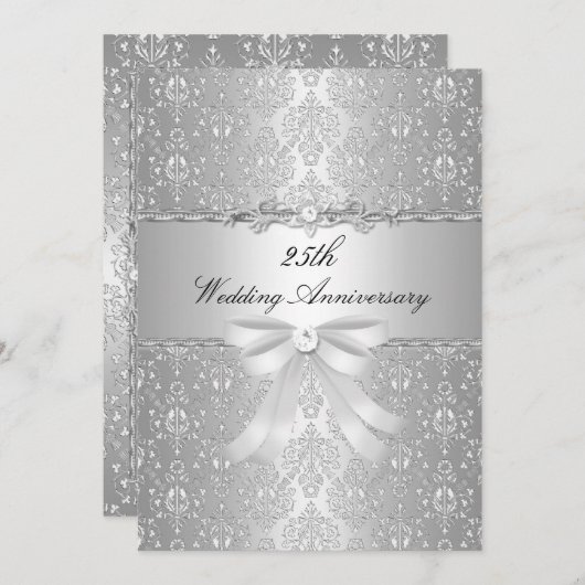 Damask Bow 25e Mariage Invitation (Devant / Derrière)