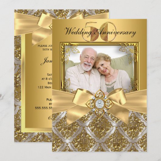 Damask & Bow Foto Gouden 50ste Verjaardagsuitnodig Kaart (Voorkant / Achterkant)