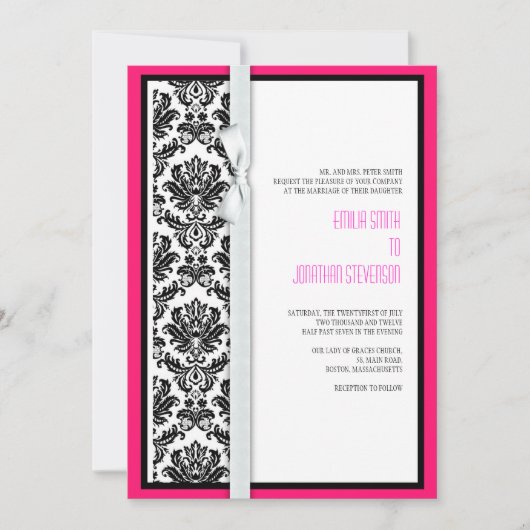 Damask Bow Wedding Invitation with Hot Pink Kaart (Voorkant)