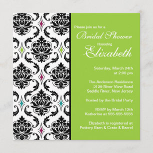 Damask Bridal Shower Invitation Black & Lime Green Kaart