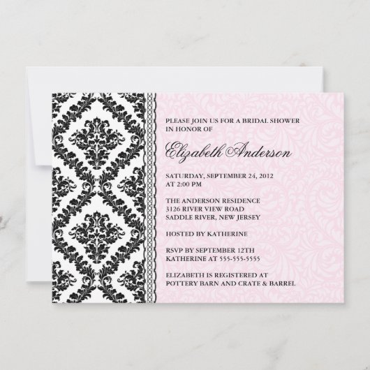 Damask Bridal Shower Invitation Black & Roze Kaart (Voorkant)