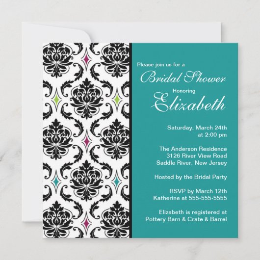Damask Bridal Shower Invitation Black & Turquoise Kaart (Voorkant)